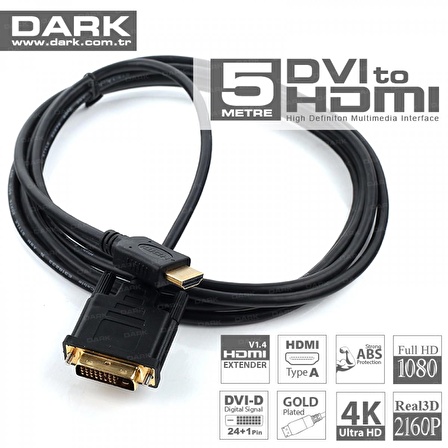 Dark DK-CB-DVIXHDMIL500 5 Mt HDMI to DVI-I 24+1 Erkek-Erkek Çift Yönlü Dönüştürücü Kablo