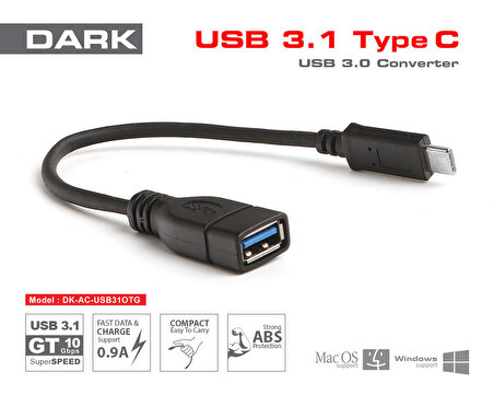 Dark DK-CB-USB31OTG USB 3.0 to USB 3.1 Type C USB Dişi-Erkek OTG Data Kablosu