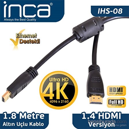 Inca IHS-08 1.8 Metre Altın Uçlu 4K Ultra HD 3D HDMI Kablo