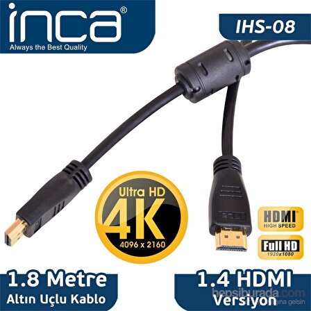 Inca IHS-08 1.8 Metre Altın Uçlu 4K Ultra HD 3D HDMI Kablo