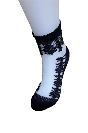 3lü Kadın Tül Dantel Görünümlü Bayan Soket Çorap Pamuklu  