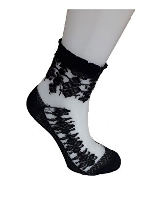 3lü Kadın Tül Dantel Görünümlü Bayan Soket Çorap Pamuklu  