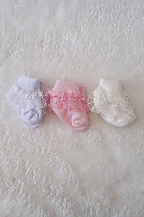 3lü Kız Bebek Dantelli Çorap Pamuklu Likralı Esnek