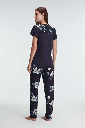 Anıl 9907 Kısa Kol V Yaka Kadın Viskon Çiçek Desenli Yazlık Örme Nakış Detaylı Pijama Takımı