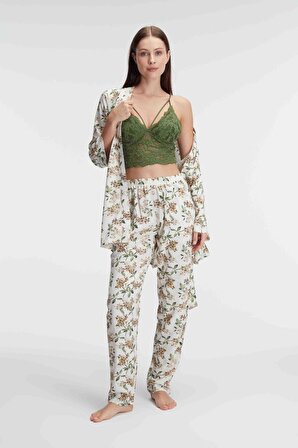 Anıl 5829 İp Askılı V Yaka Kadın Çiçek Desenli Yazlık Dokuma Dantel Detaylı Pijama Takımı Sabahlık