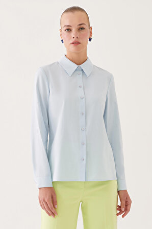 Gerdas Slim Fit Gömlek Yaka Standart Boy Mavi Renk Kadın Gömlek