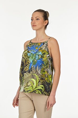 Rainis Regular Fit Kare Yaka Askılı Tropical Desenli Çok Renkli Bluz