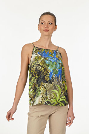 Rainis Regular Fit Kare Yaka Askılı Tropical Desenli Çok Renkli Bluz