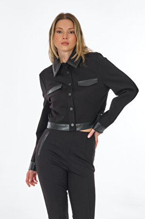 Perspective Gömlek Yaka Deri Detaylı Siyah Kadın Ceket 24061158