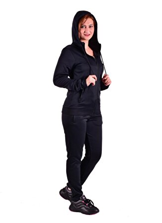 Lotto W1126-Lanzo Suit W Kapüşonlu Bağlamalı Standart Kalıp İçi Polarlı Siyah Kadın Eşofman Takımı