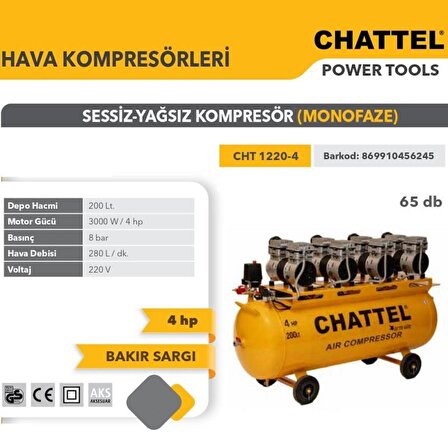 Chattel 200 Lt. Sessiz Yağsız Kompresör 220V 4Hp 280L/min 8 Bar CHT1220-4