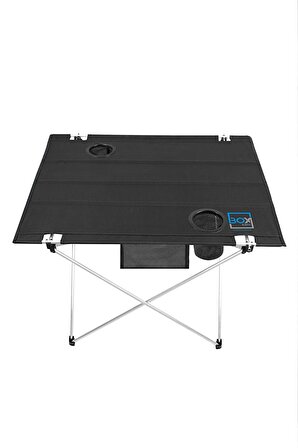 Box&Box Katlanabilir Kumaş Kamp ve Piknik Masası, Siyah, 2 Bardak Gözlü, Geniş 73 x 55 x 48 cm
