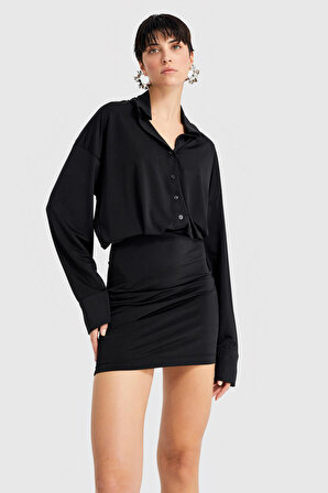 Kadın Siyah Renk Üst Bol Kesim Esnek Kumaş Mini Elbise