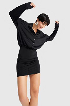 Kadın Siyah Renk Üst Bol Kesim Esnek Kumaş Mini Elbise