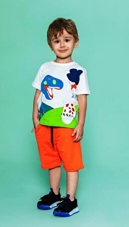 Erkek Çocuk İkili Takım Dinozor Basklı T-Shirt Turuncu Şort