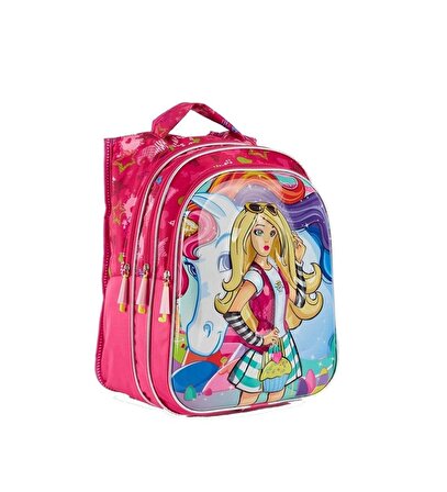 Mor Kumaş Renk Desenli Barbie Çanta + Beslenme + Suluk - Okul Çantası - Barbi Çanta