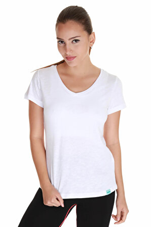 Kadın V Yaka Düz Beyaz Tişört - 610003-00W