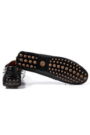 Patara Kadın Siyah Kroko Desenli Hakiki Deri Loafer Ayakkabı