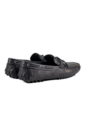 Side Hakiki Deri Siyah Kroko Loafer Erkek Günlük Ayakkabı