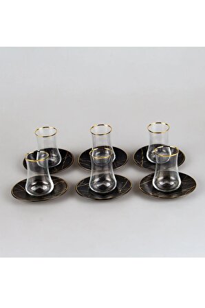 Koleksiyon Dervish Çay Seti 6'lı Siyah Mermer Mat Altın Yaldızlı Faruk Malhan Tasarım