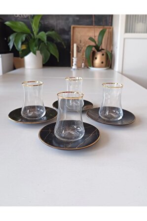Koleksiyon Dervish Çay Seti 4lü Siyah Mermer Mat Altın Yaldızlı Faruk Malhan Tasarım