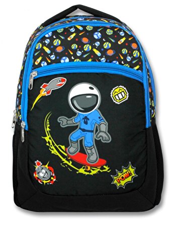 Cennec Siyah Mavi Astronot Erkek Çocuk İlkokul Okul Sırt Çantası - Üç Bölmeli