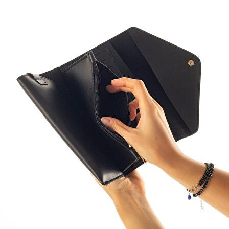 Telefon Ve Bozuk Para Bölmeli Zarf Model Kadın Cüzdanı Siyah Renk
