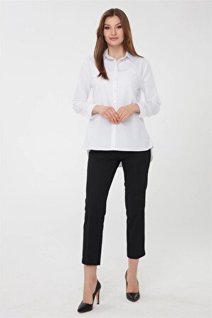 Desen Düz Yaka Uzun Kollu Beyaz Kadın Gömlek DSN22805