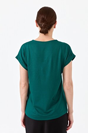 Desen V Yaka Standart Kalıp Kısa Kollu Yeşil Kadın Bluz 23122706