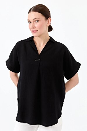 Desen Gömlek Yaka Düşük Kol Siyah Kadın Bluz DSN23459