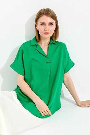 Desen Gömlek Yaka Düşük Kol Yeşil Kadın Bluz DSN23459
