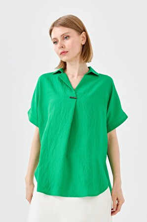 Desen Gömlek Yaka Düşük Kol Yeşil Kadın Bluz DSN23459