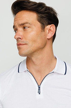 Desen Triko Erkek Fermuarlı Polo Yaka T-Shirt 23210 Beyaz