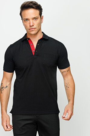 Desen Triko Erkek Polo Yaka Düğmeli Cepli T-Shirt 23201 Siyah