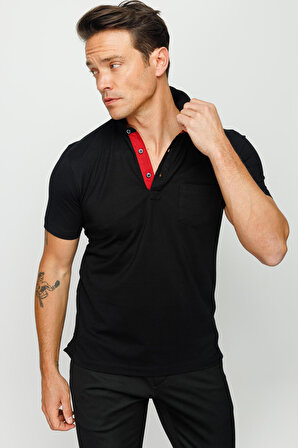 Desen Triko Erkek Polo Yaka Düğmeli Cepli T-Shirt 23201 Siyah