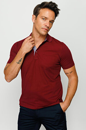 Desen Triko Erkek Polo Yaka Düğmeli Cepli T-Shirt 23201 Bordo