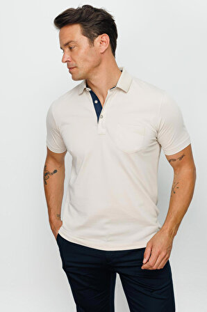 Desen Triko Erkek Polo Yaka Düğmeli Cepli T-Shirt 23201 Taş