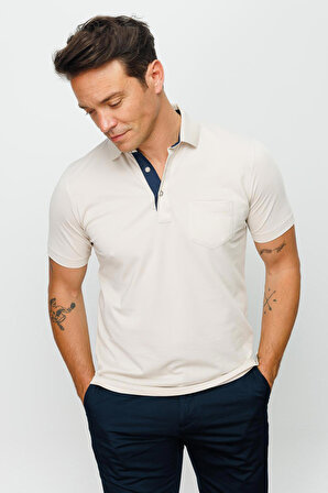 Desen Triko Erkek Polo Yaka Düğmeli Cepli T-Shirt 23201 Taş