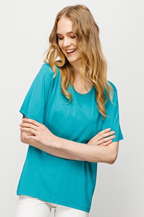 Desen Sıfır Yaka Yeşil Kadın T-Shirt 23123786