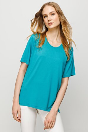 Desen Sıfır Yaka Yeşil Kadın T-Shirt 23123786