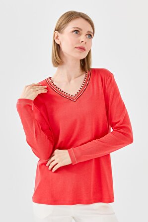 Desen Triko Kadın V Yaka Renkli Nakışlı Pamuklu Bluz 23488 Mercan