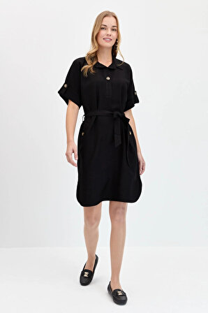 Desen Triko Kadın Gömlek Yaka Yakası ve Cebi Düğmeli Elbise KMY24078 Siyah