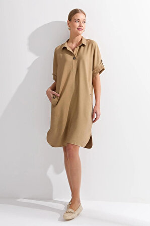 Desen Triko Kadın Gömlek Yaka Yakası ve Cebi Düğmeli Elbise KMY24078 Vizon