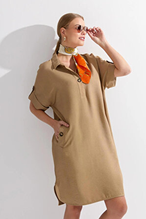 Desen Triko Kadın Gömlek Yaka Yakası ve Cebi Düğmeli Elbise KMY24078 Vizon