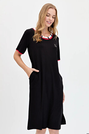 Desen Triko Kadın Sıfır Yaka Çapa İşlemeli Marin Elbise KMY24083 Siyah