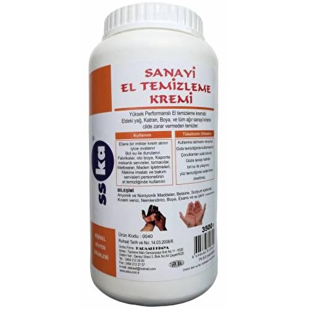 SSKA Sanayi El Kremi / Pütürlü Granüllü Sanayi Tipi El Sabunu / 3500 Gr. / Pompalı / Bidon