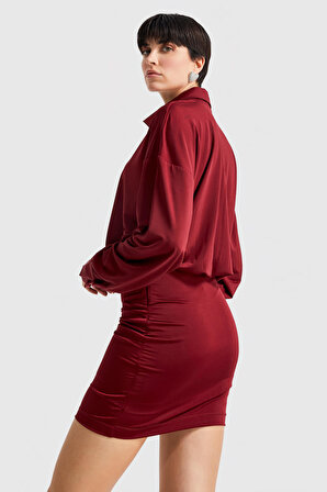 Kadın Bordo Renk Üst Bol Kesim Esnek Kumaş Mini Elbise
