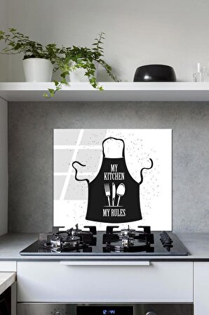 60 x 70 cm My Kitchen My Rules Desenli Cam Ocak Arkası Koruyucu