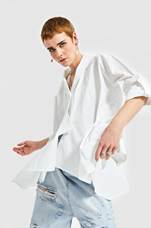 Kadın Beyaz Renk Oversize Tasarım Gömlek