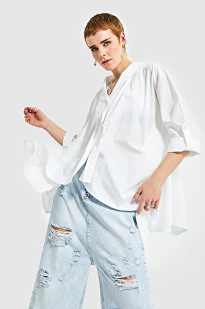 Kadın Beyaz Renk Oversize Tasarım Gömlek